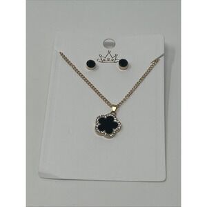 NWT Princess Accessories Black & Clear Rhinestone Clover Necklace & Earrings